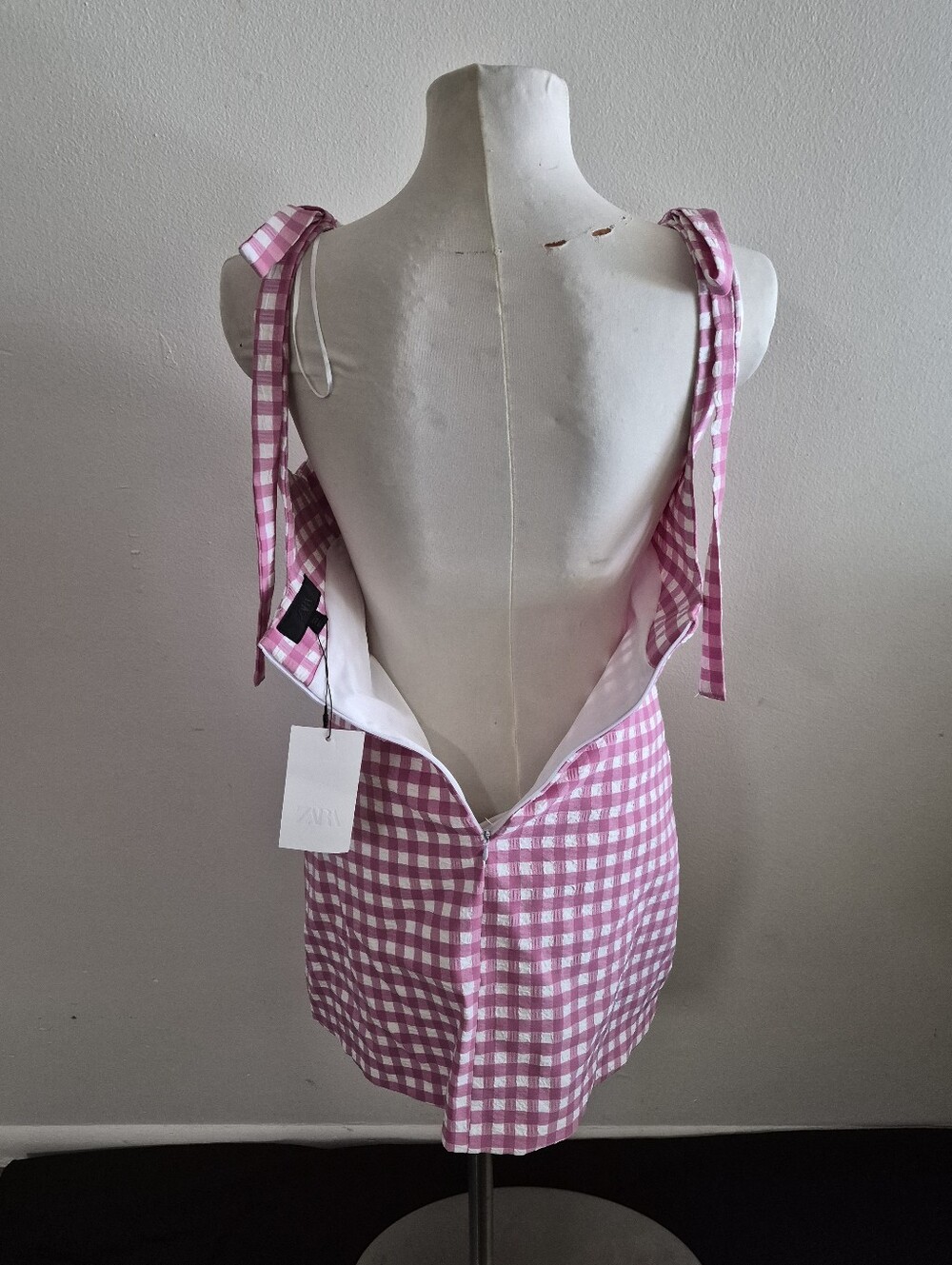 S) NWT Zara Gingham Pink/White Check Dress with Bows - Picture 6 of 9